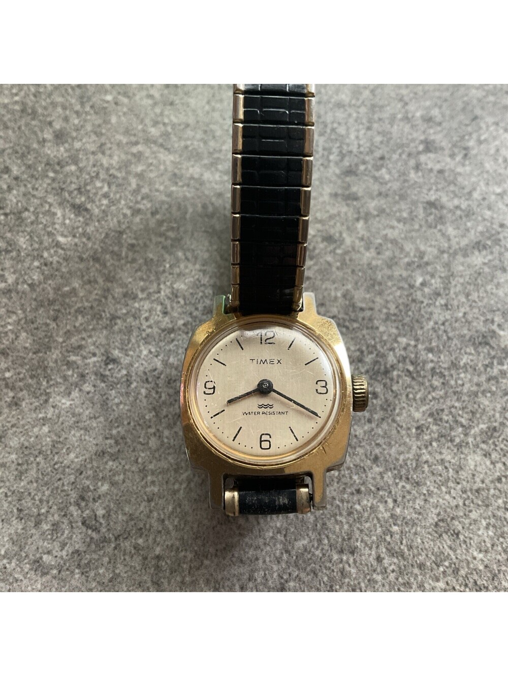 Cool Vintage Timex Womens Mechanical Watch Gold Tone Case & Black Band A11